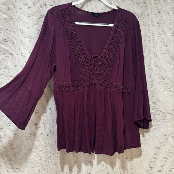 torrid Tops - Torrid Burgundy Long Sleeve Blouse with Crochet and Lace Detail